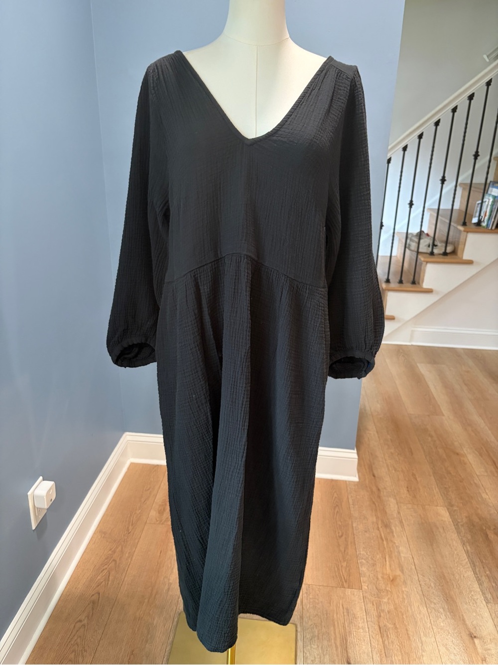 Madewell Black Cotton Gauze Midi Dress Open Back Long Sleeve Size Large